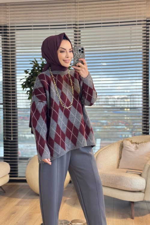 5581 Baklava Desenli Triko Tunik Bordo