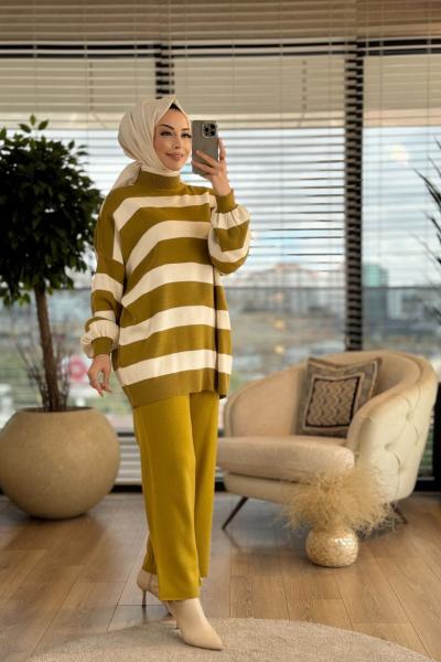 5586 Enine Kalın Çizgili Triko Tunik Yağ Yeşili