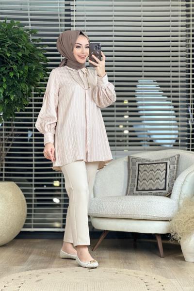 5594 Çizgili Gömlek Bej