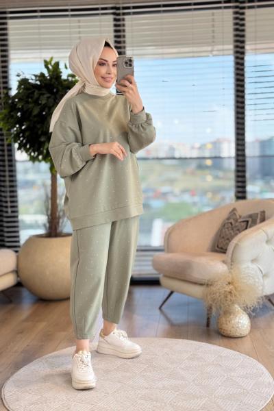 5622 Üst Ve Pantolon Serpme Taş Baskılı Takımı Çağla
