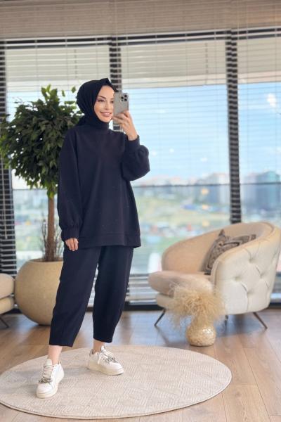 5622 Üst Ve Pantolon Serpme Taş Baskılı Takımı Siyah