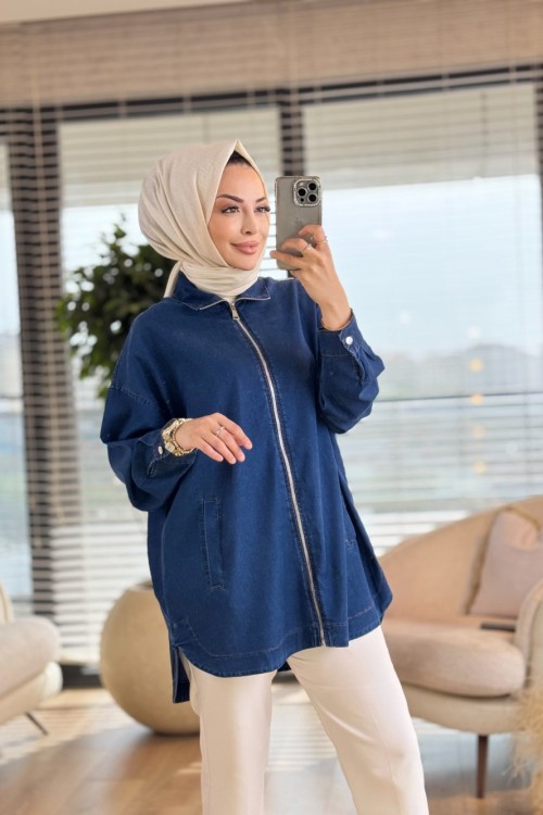 5647 Tencel Ön Fermuarlı Ceket Lacivert