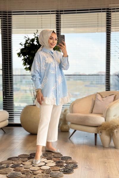 5659 Çizgili Üstü Çiçek Baskılı Gömlek Mavi