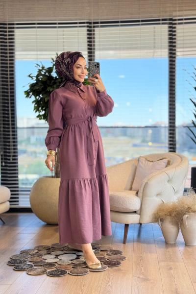 5677 Üç Katlı Düğmeli Elbise Mürdüm