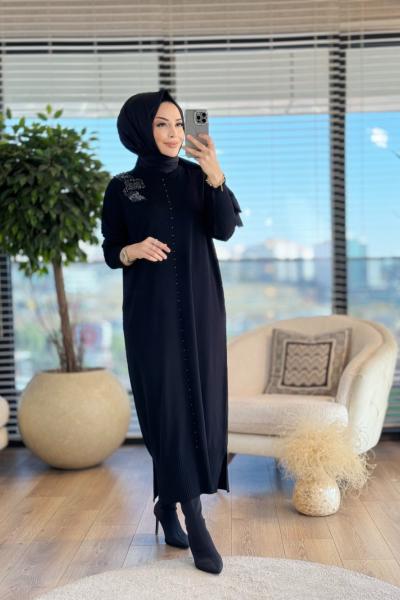 57101 Yaka Deri Boncuk İşli Triko Elbise Siyah