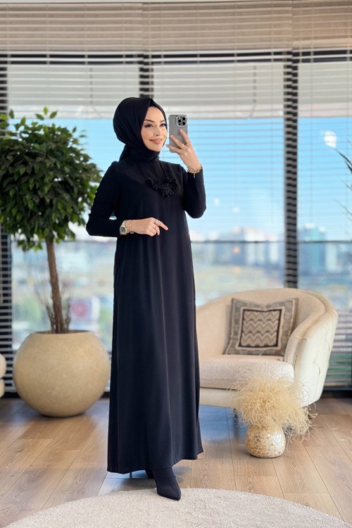 5719 Kolları Trikolu Tencel Elbise Siyah
