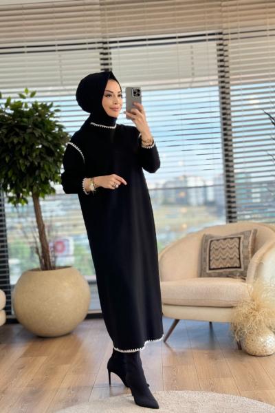 5723 Yaka Omuz Etek Ucu Dikişli Elbise Siyah