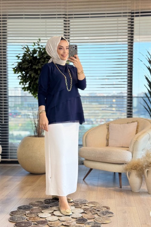 573 Önü Çapraz Şifon Katkatlı Bluz Lacivert