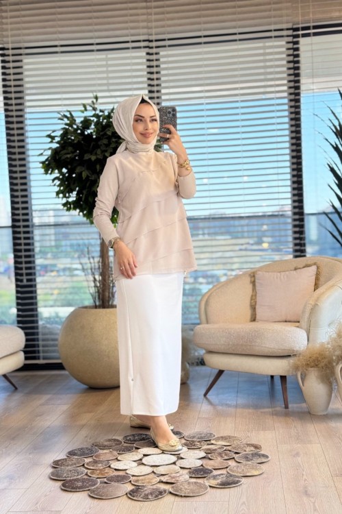 573 Önü Çapraz Şifon Katkatlı Bluz Bej