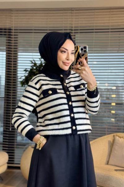 5732 Enine Çizgili Angora Hırka Siyah