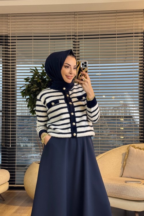 5732 Enine Çizgili Angora Hırka Lacivert