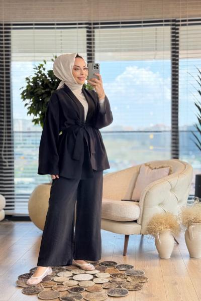 5744 Üst Kimonolu Kuşaklı Takım Siyah