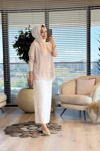 575 Önü Şifonlu Uzun Kol Bluz Bej