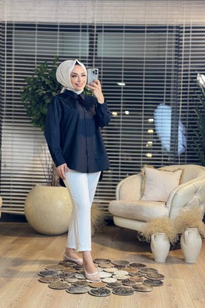 5752 Omuzları Şifon Boncuk Parçalı Gömlek Siyah