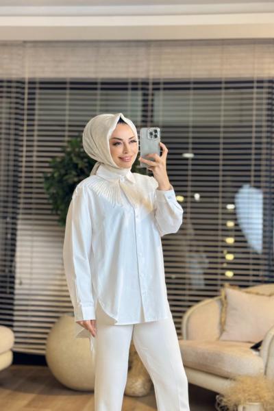 5752 Omuzları Şifon Boncuk Parçalı Gömlek Beyaz