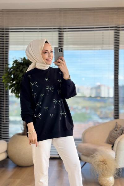 5753 Serpme Fiyonk Taş Baskılı Tunik Siyah