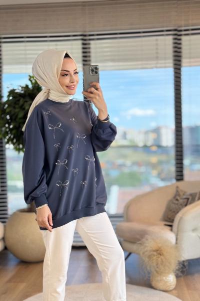 5753 Serpme Fiyonk Taş Baskılı Tunik Antrasit
