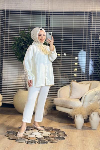 5766 Kollar Bağcıklı Taş Düğmeli Gömlek Ekru