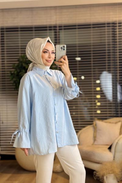 5766 Kollar Bağcıklı Taş Düğmeli Gömlek Bebe Mavi