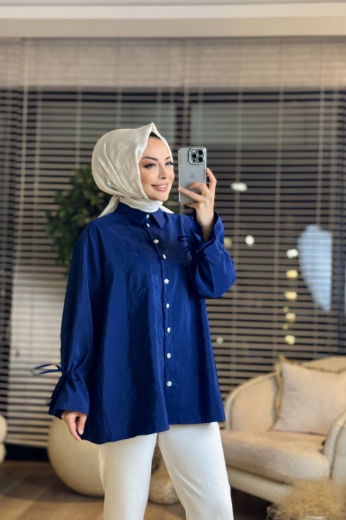 5766 Kollar Bağcıklı Taş Düğmeli Gömlek Lacivert