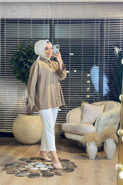 5766 Kollar Bağcıklı Taş Düğmeli Gömlek Bej