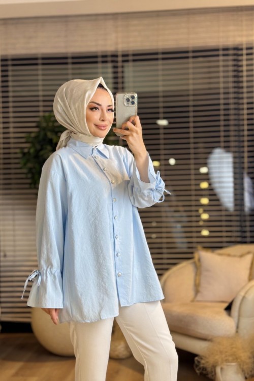 5766 Kollar Bağcıklı Taş Düğmeli Gömlek Bebe Mavi