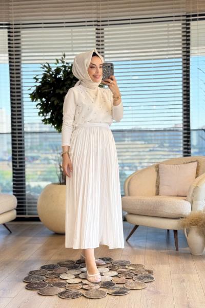 577 Ön Şifon Üstü Taşlı Bluz Ekru