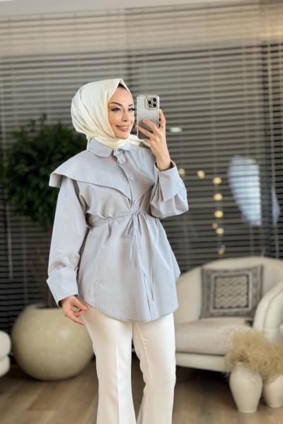 5800 Geniş Manşet Omuz Detaylı Gömlek Açık Gri