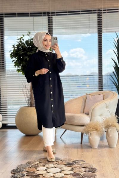 5808 Metal Düğmeli Uzun Tunik Siyah