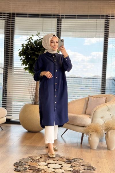 5808 Metal Düğmeli Uzun Tunik Lacivert