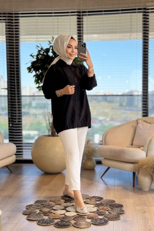 5823 Tencel Yaka İpli Fermuarlı Ceket Siyah