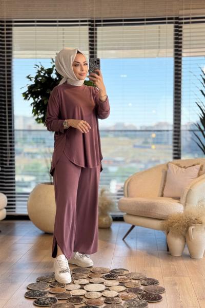 5825 Yanları Yırtmaç Detaylı Takım Mürdüm