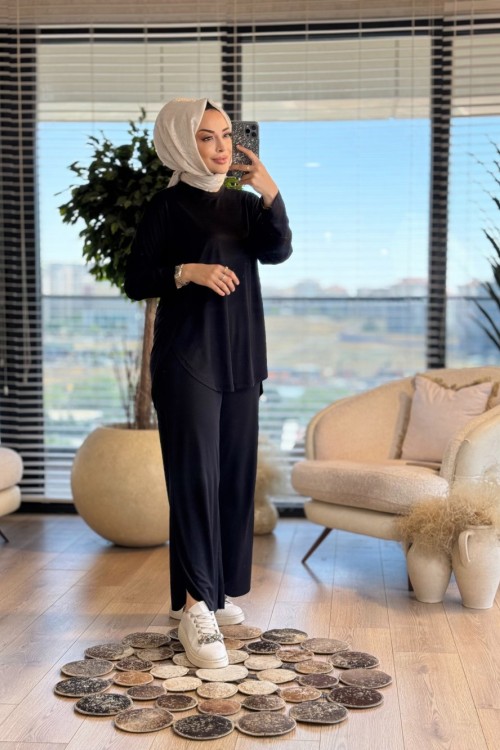 5825 Yanları Yırtmaç Detaylı Takım Siyah