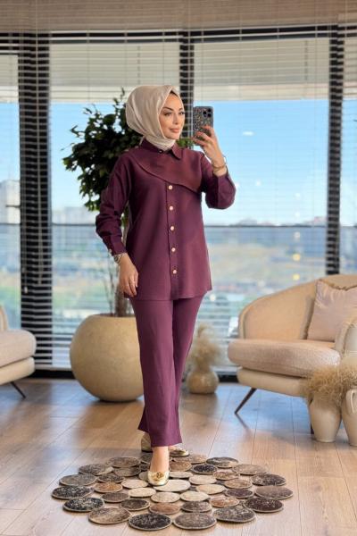 5835 Ön Düğme Ve Parça Detaylı Takım Mürdüm