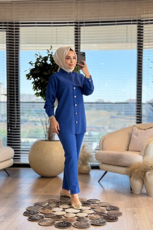 5835 Ön Düğme Ve Parça Detaylı Takım Saks