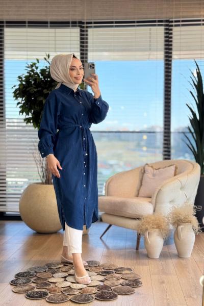 5836 Tencel Önden Düğmeli Uzun Kap Lacivert