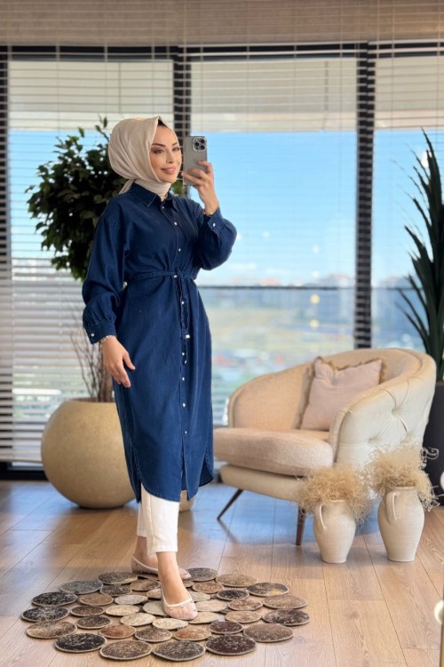 5836 Tencel Önden Düğmeli Uzun Kap Lacivert