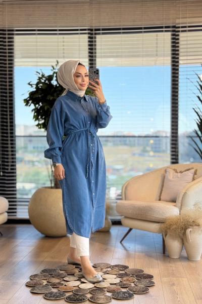 5836 Tencel Önden Düğmeli Uzun Kap Mavi