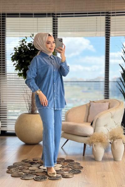 5836 Tencel Etek Ve Paça Ucu Saçaklı Takım Mavi