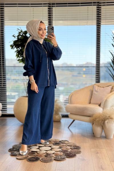 5869 Tencel Fermuarlı Kapşonlu Takım Lacivert