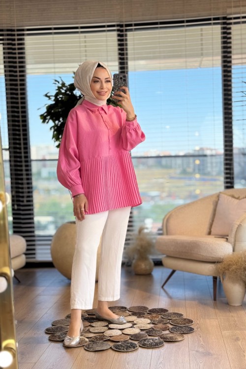 5874 Eteği Piliseli Gömlek Pembe