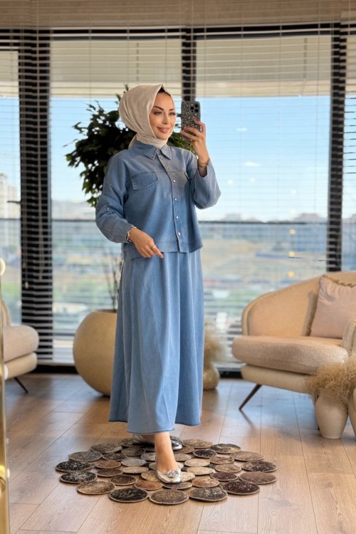 5879 Tencel Cep Kapaklı Etekli Takım Mavi