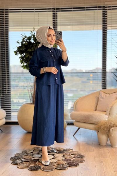 5879 Tencel Cep Kapaklı Etekli Takım Lacivert