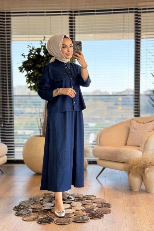 5879 Tencel Cep Kapaklı Etekli Takım Lacivert