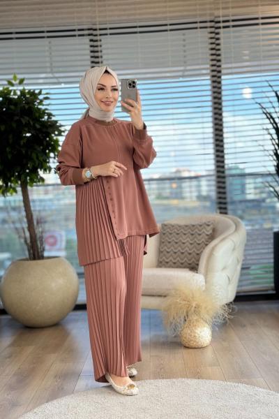 5910 Dikişli Pilise Pantolonlu Takım Karamel