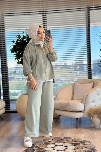 5935 Önü Fermuarlı Kapşonlu Takım Çağla