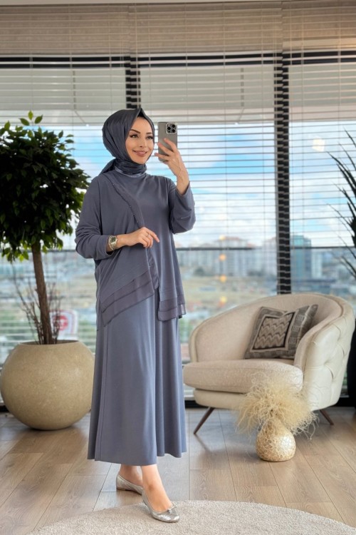 5963 Kat Kat Şifon Detaylı Takım Gri