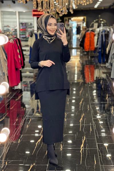 600 Etek Kol Ucu Ribanalı Triko Etekli Takım Siyah