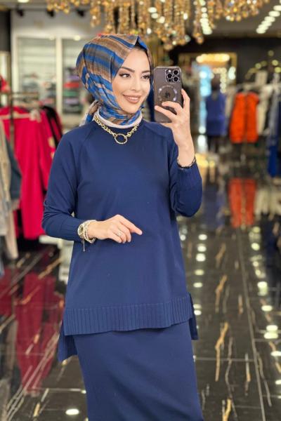 600 Etek Kol Ucu Ribanalı Triko Etekli Takım Lacivert