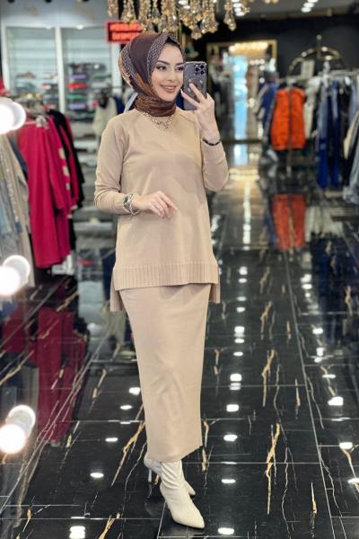 600 Etek Kol Ucu Ribanalı Triko Etekli Takım Bej